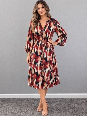 Harlow & Rose M Burnt Orange Black Beige Abstract Ikat Boho Midi Dress Medium